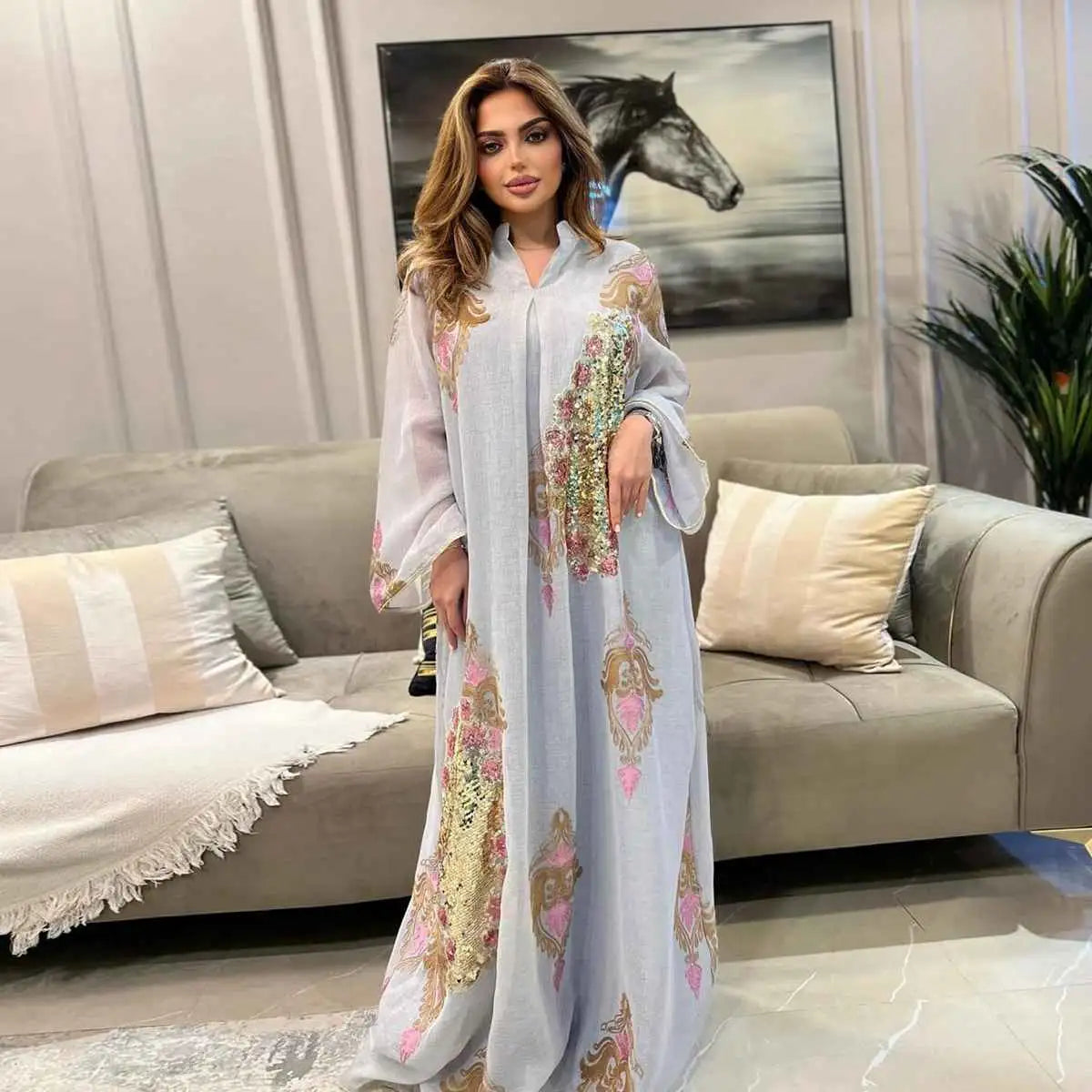 Eid Dress Sequin And Embroidery Women Caftan Kaftan Dress Jalabiya