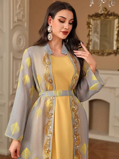 2 Pieces Set Embroidery Eid Caftan Kaftan Dress With Inner Dress #254212