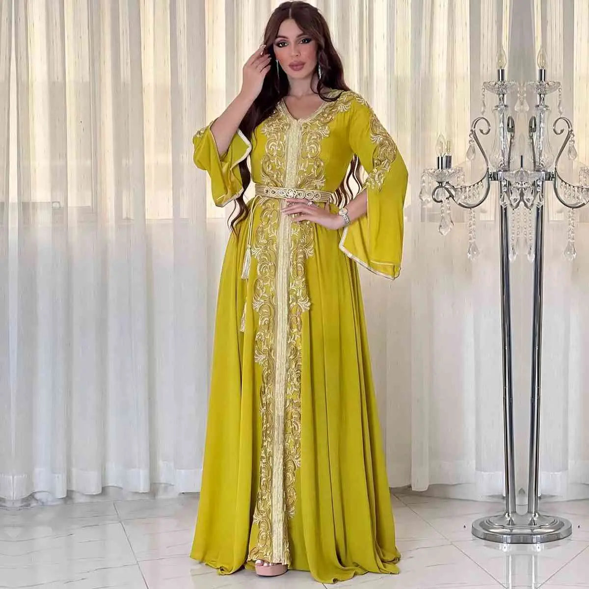 Buy Yellow Modal Satin Embroidery V Neck Bandhani Kaftan Dress For Women by  Ruchira Nangalia Online at Aza Fashions.
