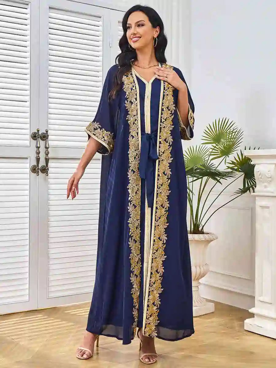 Beaded Eid 2 Pieces Set Batwing Sleeve Farasha Caftan Kaftan Dress #25264