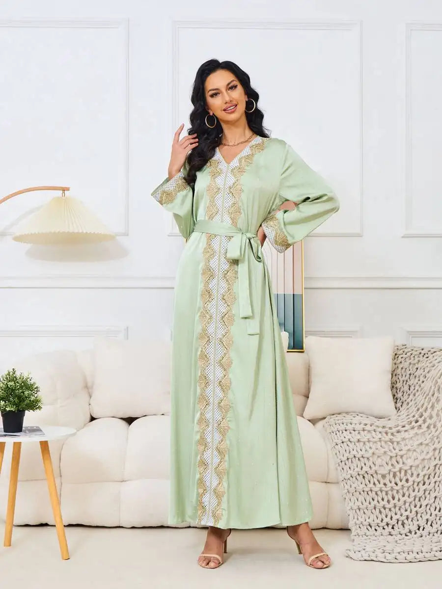 Hotfix Rhinestone Eid Dress Muslim Women Caftan Kaftan Dress