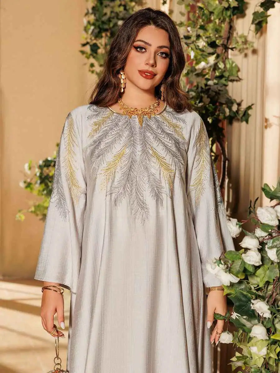 Eid Embroidered Hotfix Rhinestone Caftan Kaftan Dress