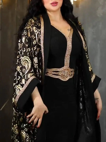 Bronzing Eid Dress 2 Pieces Set Muslim Women Caftan Kaftan Dress With Inner Sleeveless Dress