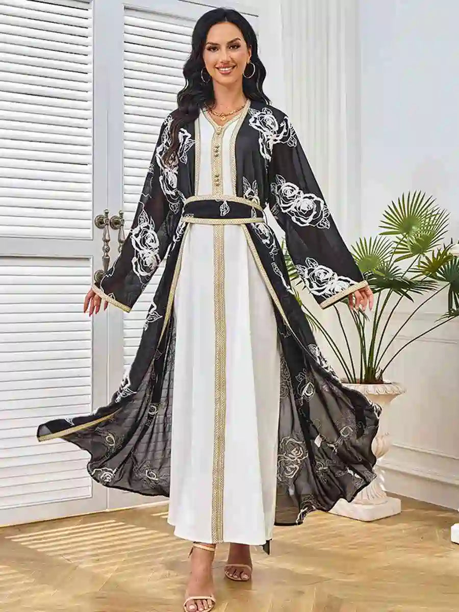 Eid 2 Pieces Set Embroidery Caftan Kaftan Dress With Inner Sleeveless Dress #25211