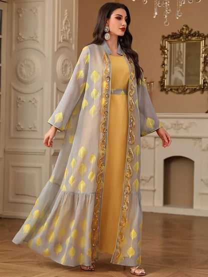 2 Pieces Set Embroidery Eid Caftan Kaftan Dress With Inner Dress #254212