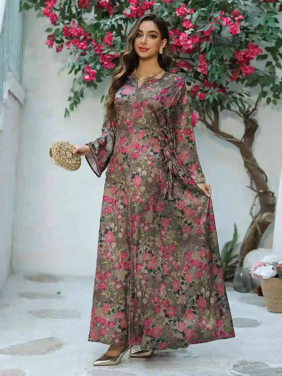 Eid Printed Hotfix Rhinestone Caftan Kaftan Dress For Celebration And Party #25442