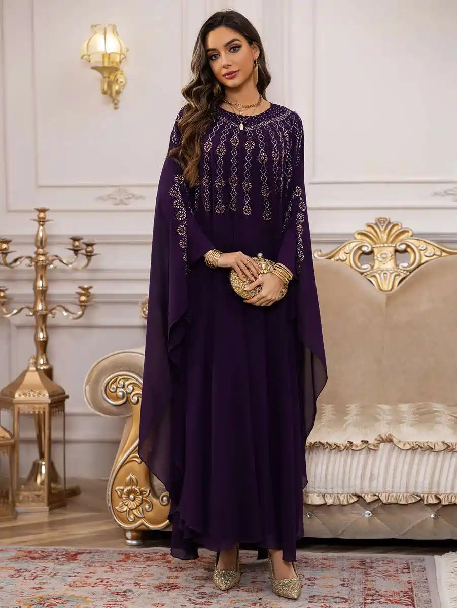 purple and gold kaftan dress Iqra Boutique Women's Purple Kaftan Dress with Gold Embroidery, High Neck, Flowing Cape Sleeves, Size: 6XL