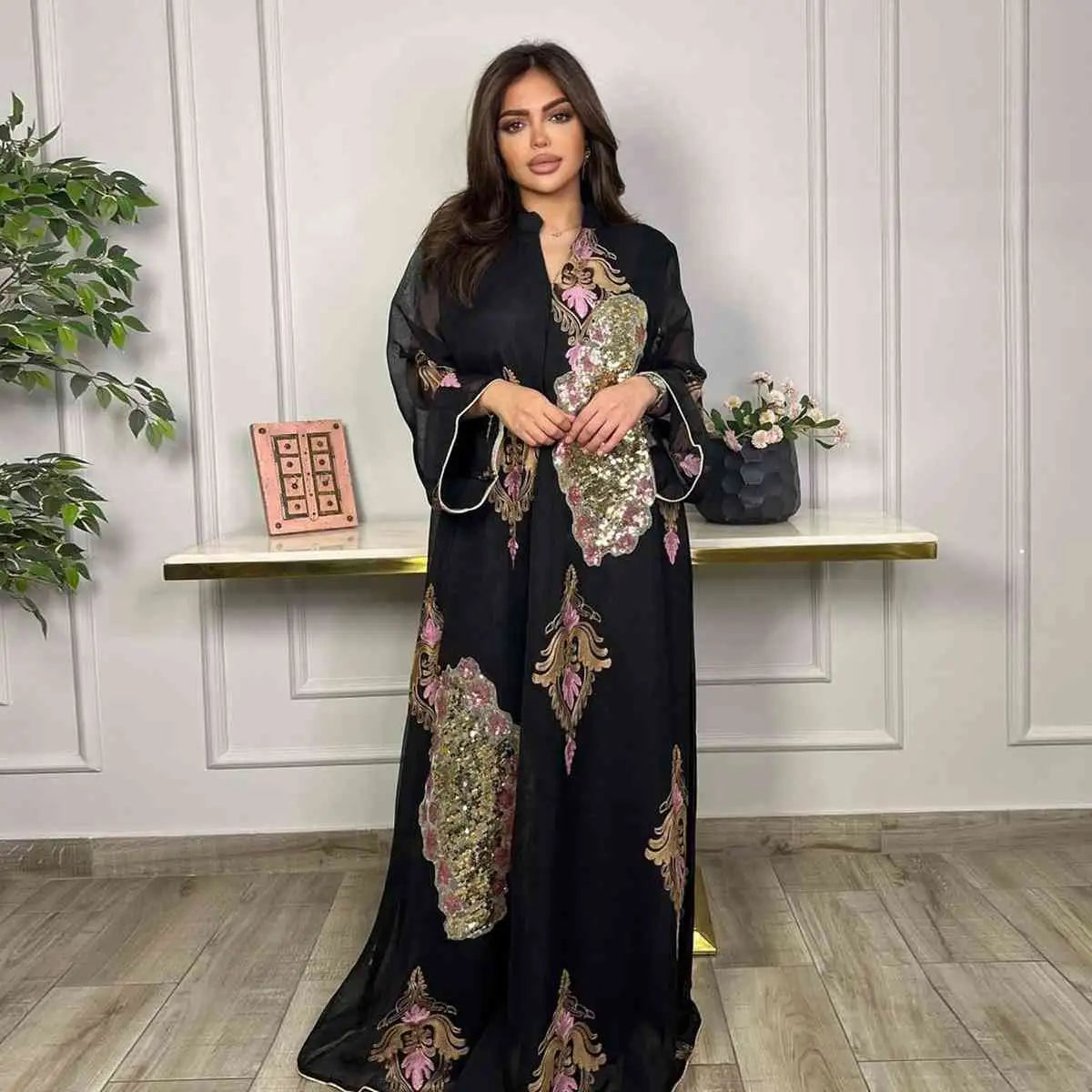 Eid Dress Sequin And Embroidery Women Caftan Kaftan Dress Jalabiya