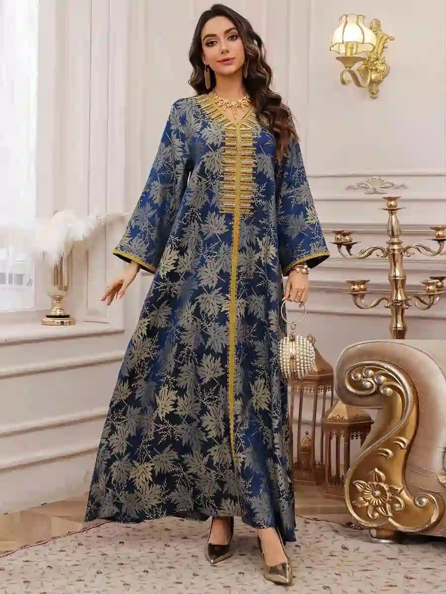 Jacquard Embroidery Hotfix Rhinestones Eid Mukhawar Dress Caftan Kaftan #25489 - S / Navy Jacquard Embroidery Hotfix Rhinestones Eid Mukhawar Dress Caftan Kaftan #25489 - S / Navy