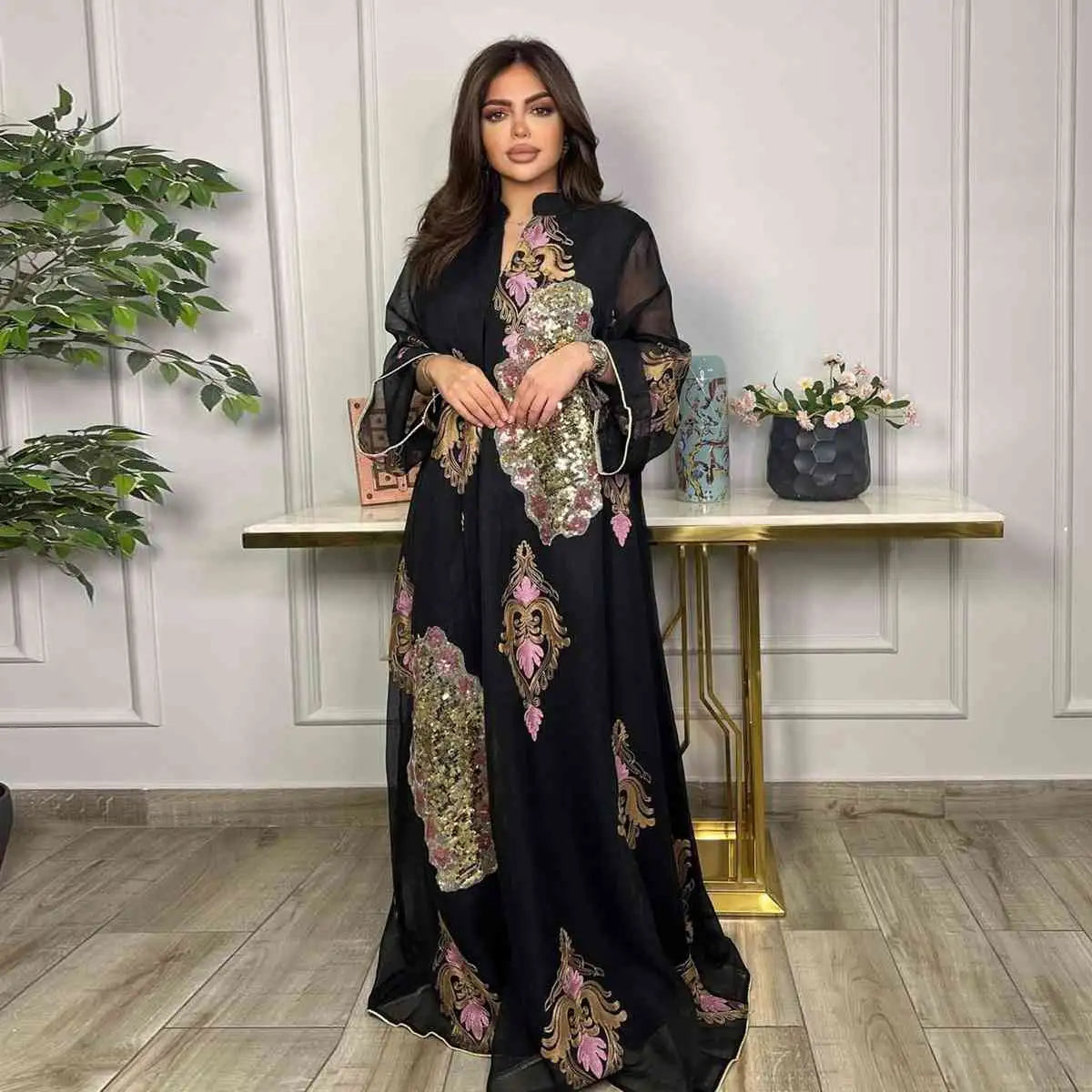 Eid Dress Sequin And Embroidery Women Caftan Kaftan Dress Jalabiya