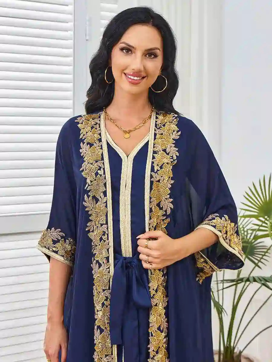 Beaded Eid 2 Pieces Set Batwing Sleeve Farasha Caftan Kaftan Dress #25264