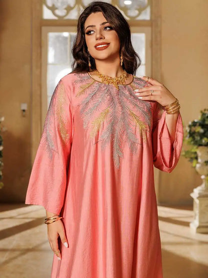 Eid Embroidered Hotfix Rhinestone Caftan Kaftan Dress