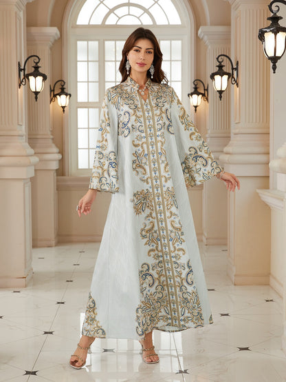 Hotfix Rhinestones Printed Caftan Kaftan Dress For Women - Jacquard Mukhawar Jalabiya Eid Dress -  #26N02