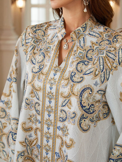 Hotfix Rhinestones Printed Caftan Kaftan Dress For Women - Jacquard Mukhawar Jalabiya Eid Dress -  #26N02