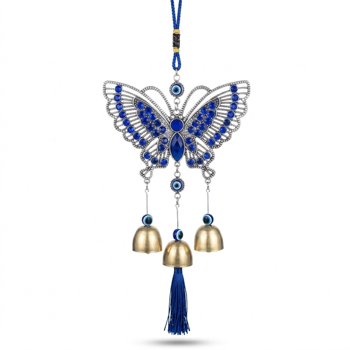 Blue Evil Eye Decor Wall Hanging Ornament Door Hanger Home Protection - With Wind Bell and Butterfly - #EBE2603