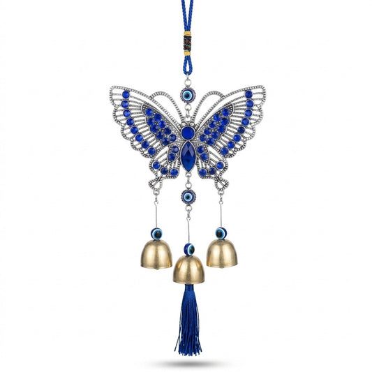 Blue Evil Eye Decor Wall Hanging Ornament Door Hanger Home Protection - With Wind Bell and Butterfly - #EBE2603