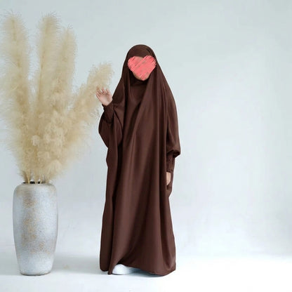 Muslim Girls Satin Prayer Dress Overhead Jilbab Robe Abaya #25662