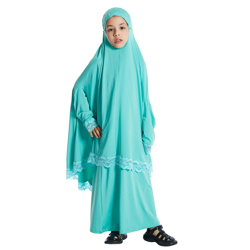 Muslim Girl Jilbab Suit Prayer Dress 2 Pieces Set With Tops Robe Jilbab And Skirt