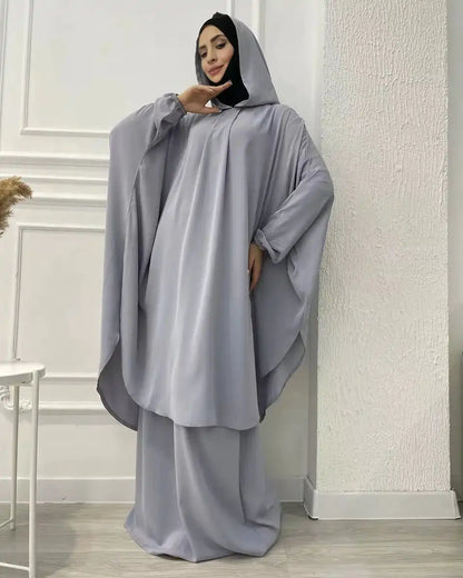 Nida Hooded 2 Pieces Set Jilbab Prayer Abaya Dress With Tops And Skirt #25950