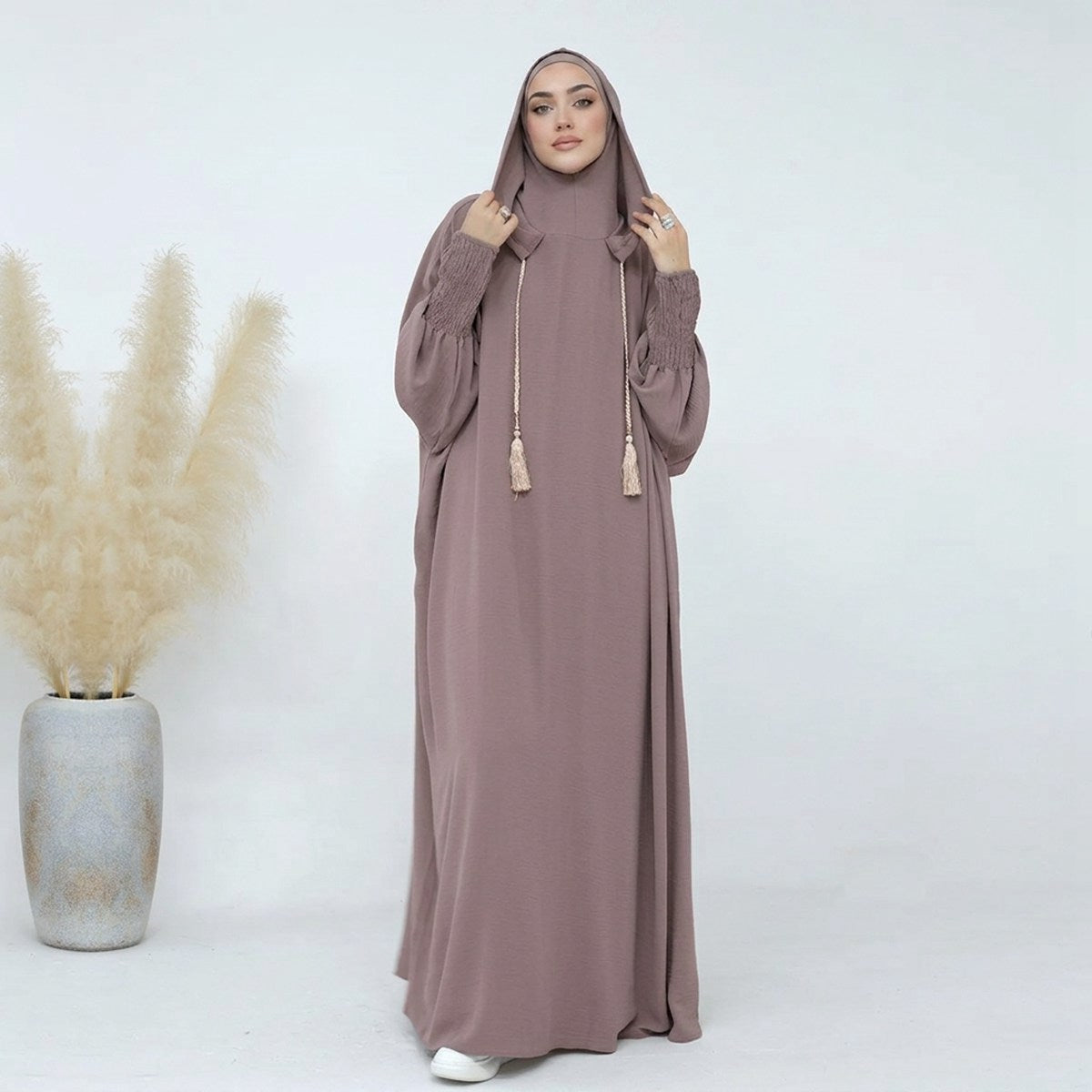 Muslim Women Hooded Abaya Prayer Dress Cotton Blend Jilbab Halal Clothing