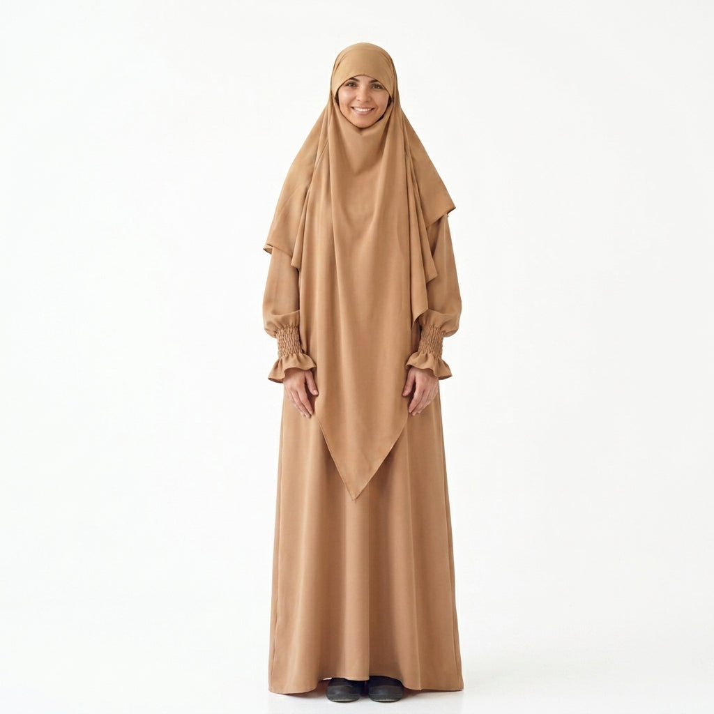 2 Pieces Set Jilbab Robe Prayer Dress With Two Layers Khimar For Arab Women