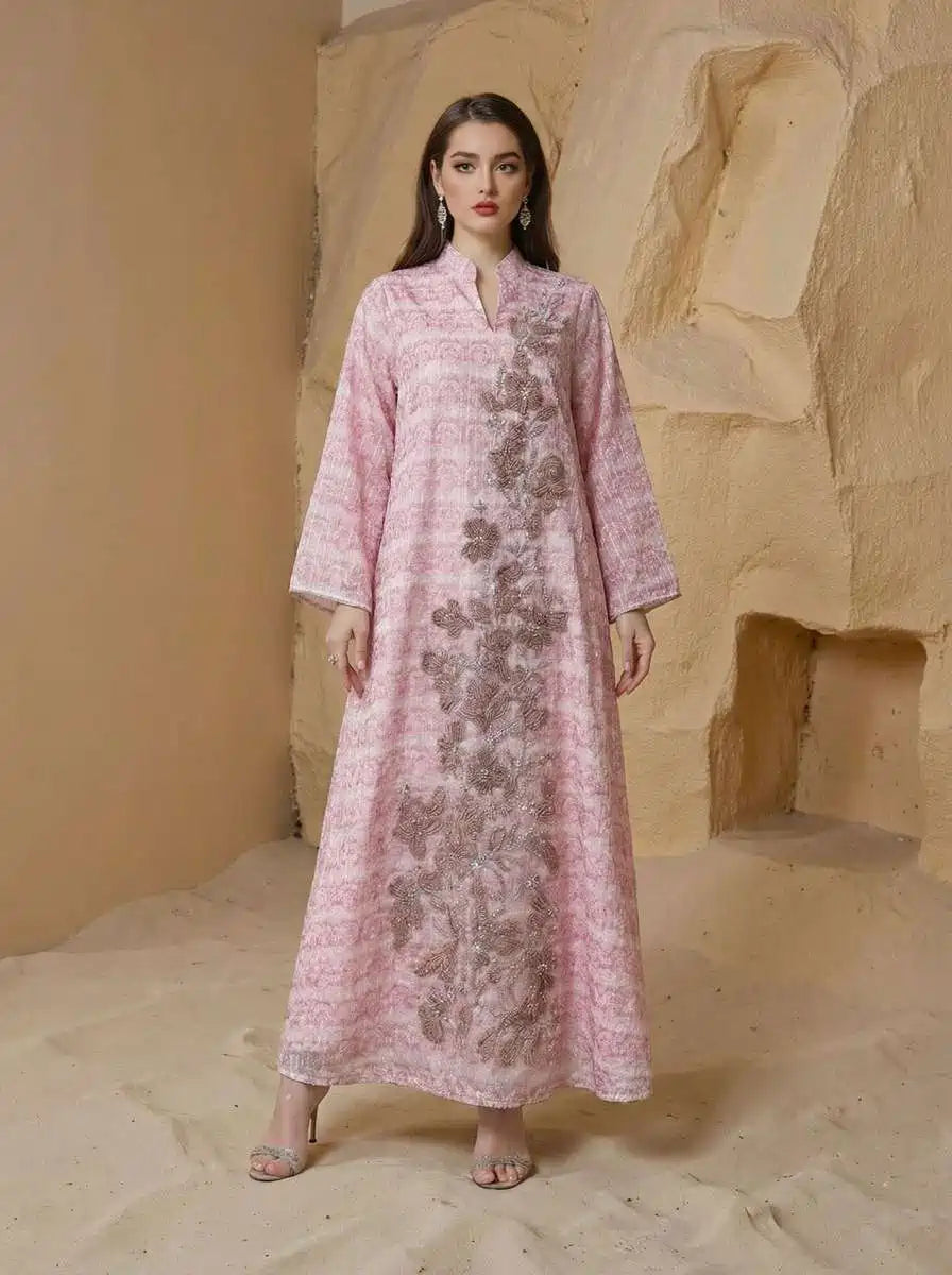 Beads Caftan Kaftan Dress Jalabiya For Women - Mukhawar Jalabiya Eid Dress - Pink/Blue - #25S158