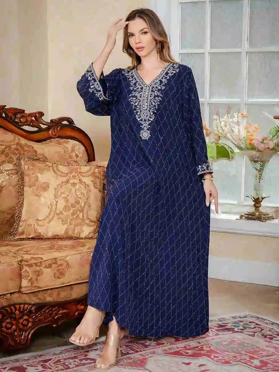 Embroidery Caftan Kaftan Dress For Women - Mukhawar Jalabiya Eid Dress - Dark Blue/Pink - #25S174