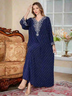 Embroidery Caftan Kaftan Dress For Women - Mukhawar Jalabiya Eid Dress - Dark Blue/Pink - #25S174