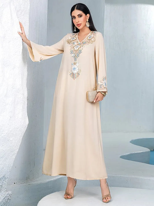 Flower Embroidery Beads Eid Caftan Kaftan Dress #254120