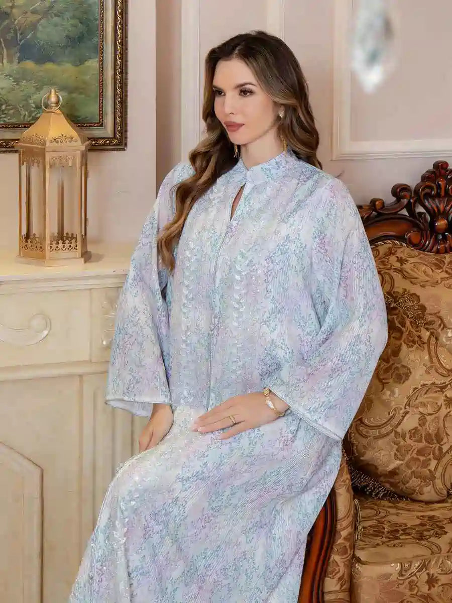 Eid Sequins Muslim Women Printed Caftan Kaftan Dress #25S157