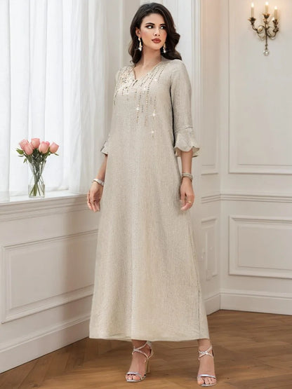 Flare Sleeve Hotfix Rhinestone Beads Wrinkle Eid Caftan Kaftan Dress #255097
