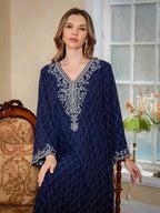Embroidery Caftan Kaftan Dress For Women - Mukhawar Jalabiya Eid Dress - Dark Blue/Pink - #25S174