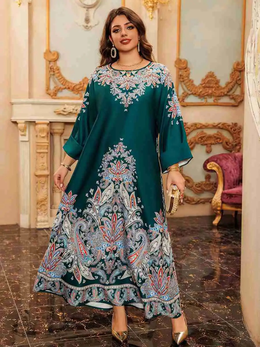 Eid Hotfix Rhinestone Printed Caftan Kaftan Dress