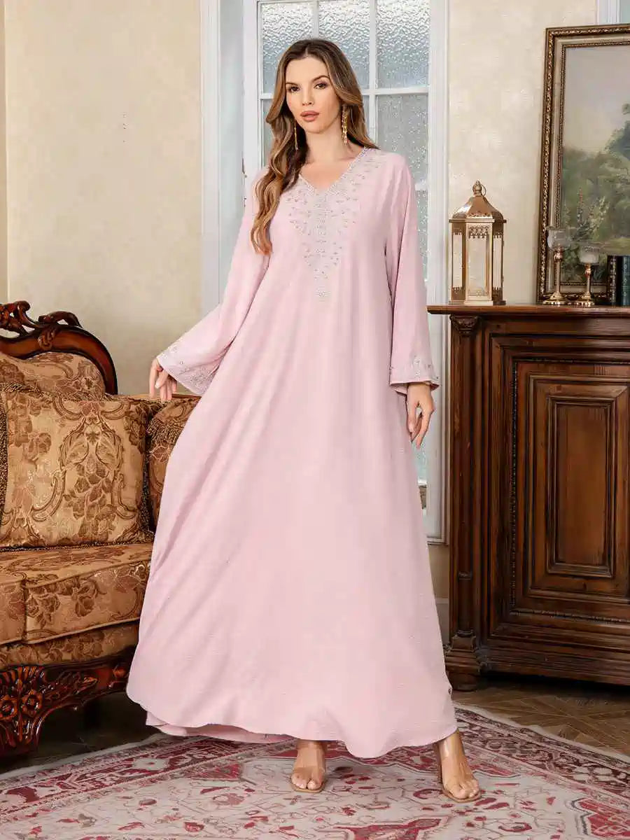 Embroidery Caftan Kaftan Dress For Women - Mukhawar Jalabiya Eid Dress - Dark Blue/Pink - #25S174