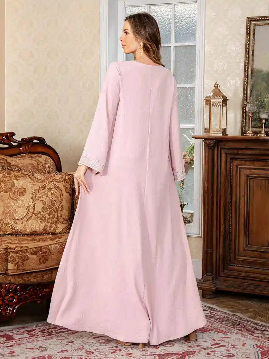 Embroidery Caftan Kaftan Dress For Women - Mukhawar Jalabiya Eid Dress - Dark Blue/Pink - #25S174