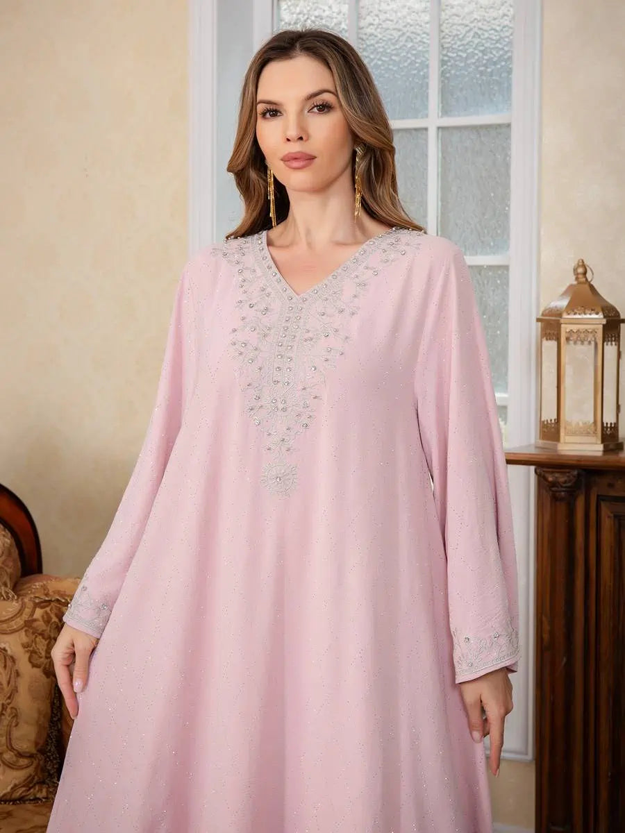 Embroidery Caftan Kaftan Dress For Women - Mukhawar Jalabiya Eid Dress - Dark Blue/Pink - #25S174