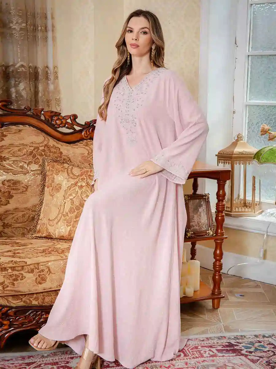 Embroidery Caftan Kaftan Dress For Women - Mukhawar Jalabiya Eid Dress - Dark Blue/Pink - #25S174