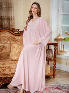 Embroidery Caftan Kaftan Dress For Women - Mukhawar Jalabiya Eid Dress - Dark Blue/Pink - #25S174
