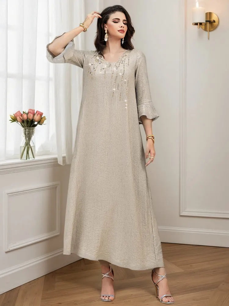 Flare Sleeve Hotfix Rhinestone Beads Wrinkle Eid Caftan Kaftan Dress #255097