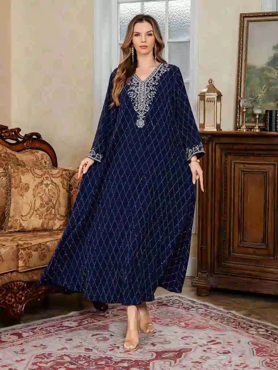 Embroidery Caftan Kaftan Dress For Women - Mukhawar Jalabiya Eid Dress - Dark Blue/Pink - #25S174