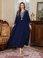 Embroidery Caftan Kaftan Dress For Women - Mukhawar Jalabiya Eid Dress - Dark Blue/Pink - #25S174