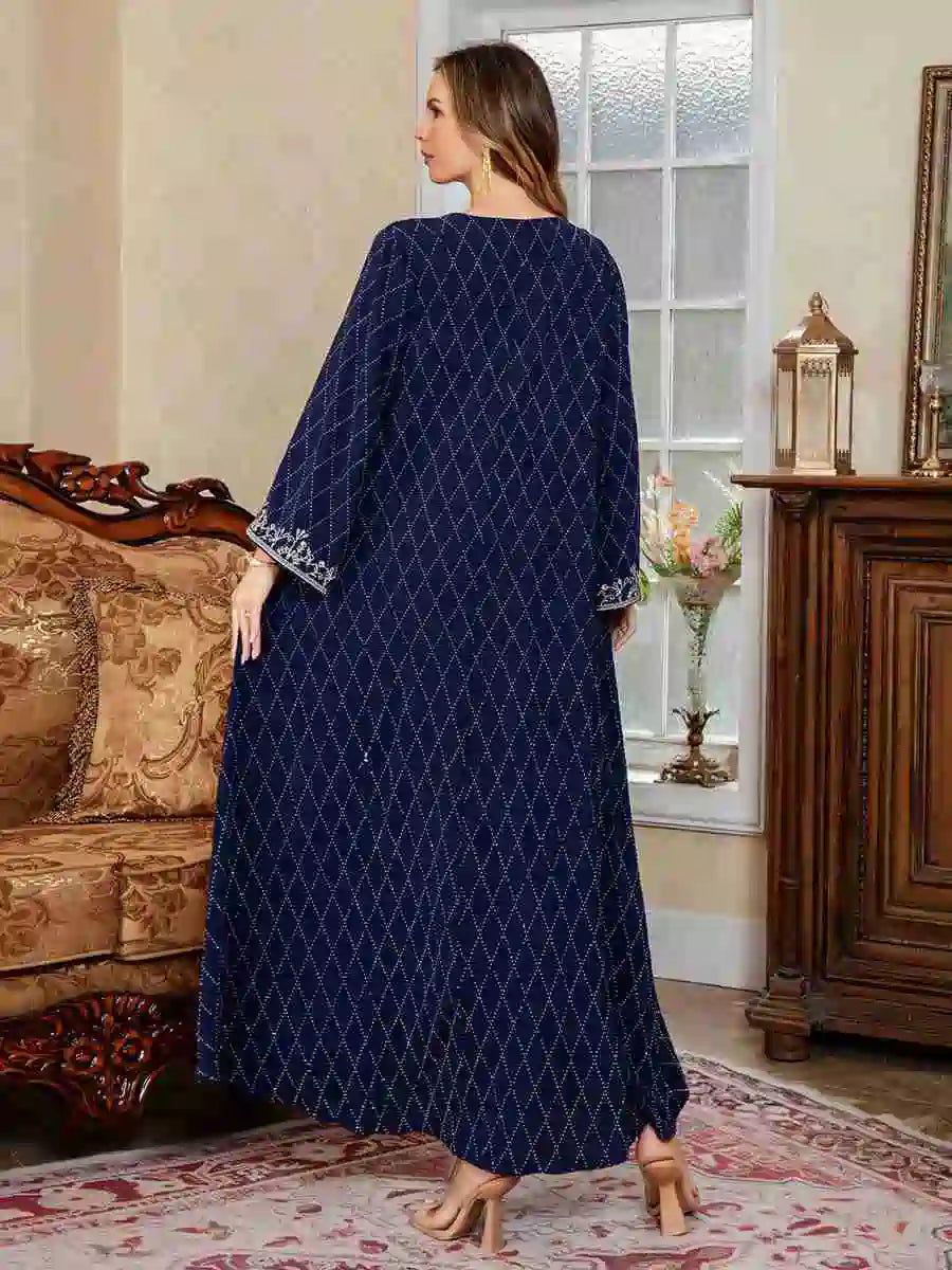 Embroidery Caftan Kaftan Dress For Women - Mukhawar Jalabiya Eid Dress - Dark Blue/Pink - #25S174
