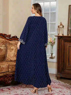 Embroidery Caftan Kaftan Dress For Women - Mukhawar Jalabiya Eid Dress - Dark Blue/Pink - #25S174