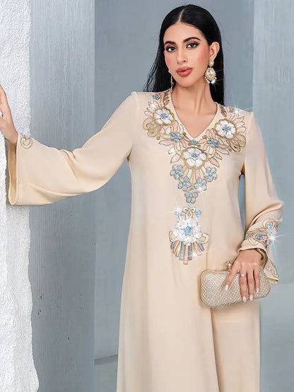 Flower Embroidery Beads Eid Caftan Kaftan Dress #254120