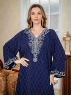 Embroidery Caftan Kaftan Dress For Women - Mukhawar Jalabiya Eid Dress - Dark Blue/Pink - #25S174