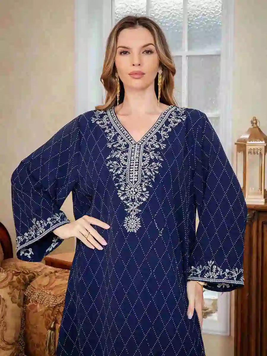 Embroidery Caftan Kaftan Dress For Women - Mukhawar Jalabiya Eid Dress - Dark Blue/Pink - #25S174
