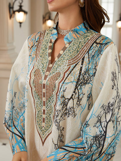 Jacuqard Printed Caftan Kaftan Dress For Women - Mukhawar Jalabiya Eid Dress - Light Blue -  #26N05