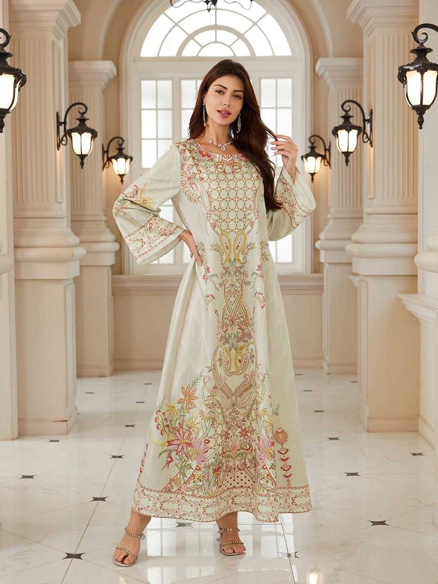 Hotfix Rhinestones Printed Caftan Kaftan Dress For Women - Jacquard Mukhawar Jalabiya Eid Dress -  Apricot - #26N04