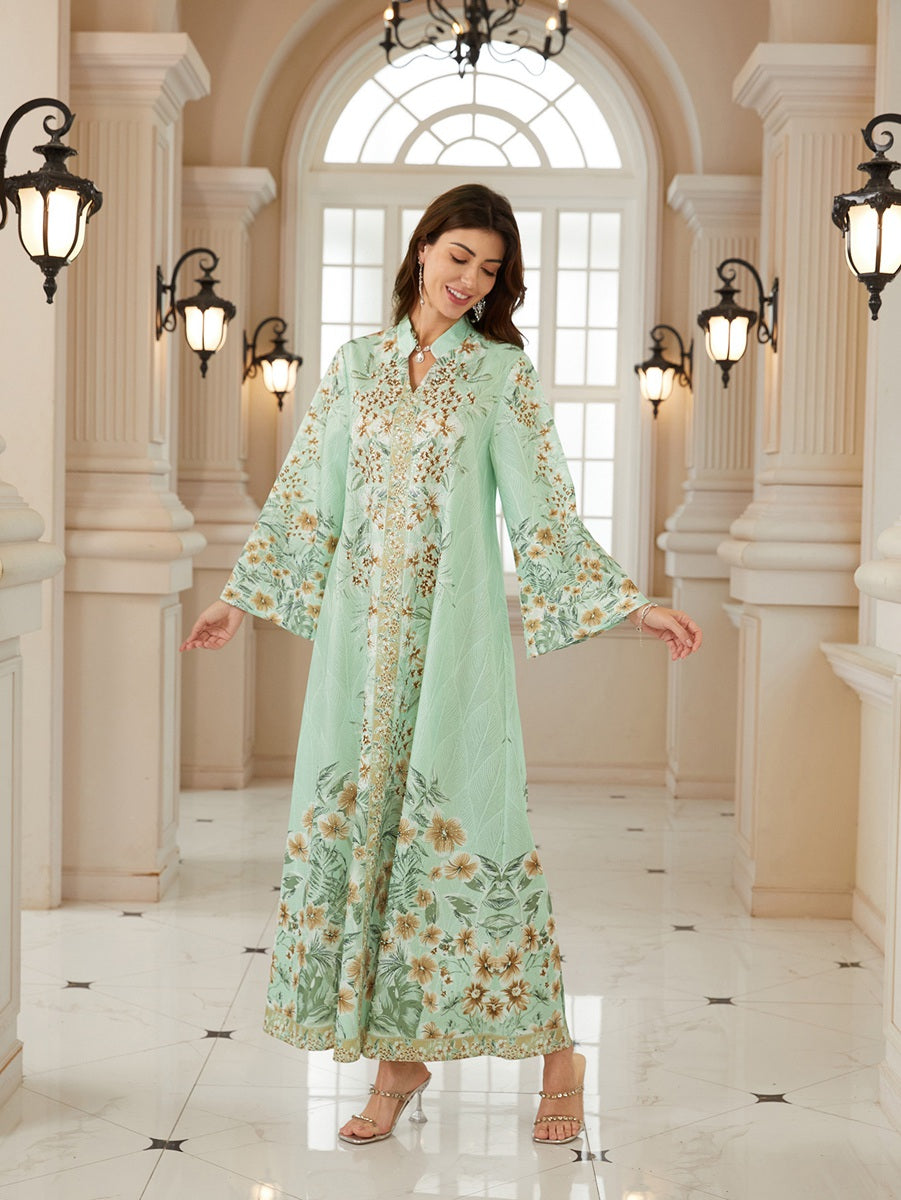 Hotfix Rhinestones Printed Caftan Kaftan Dress For Women - Jacquard Mukhawar Jalabiya Eid Dress -  #26N07