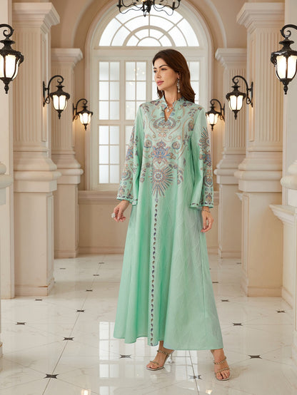 Hotfix Rhinestones Printed Caftan Kaftan Dress For Women - Jacquard Mukhawar Jalabiya Eid Dress -  #26N04